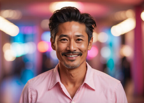 Portrait of a middle-aged assian man smiling at the camera on a blurred background