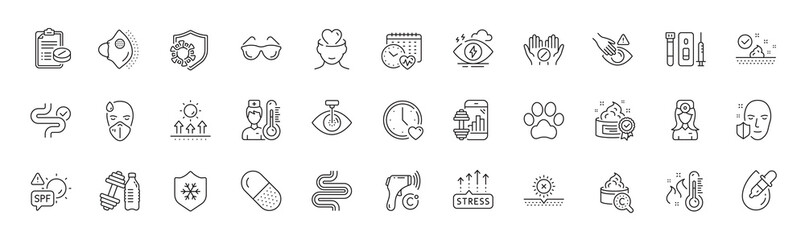 Electronic thermometer, Medical prescription and Sun protection line icons. Pack of Thermometer, Fitness app, Blood and saliva test icon. Capsule pill, Eye laser, Dont touch pictogram. Vector