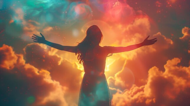 Young woman rising hands and enjoying life on colorful background feel freedom support and faith