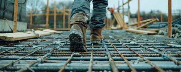 A view from behind of a worker's legs  in work boots walking on iron grates at a construction site. - Powered by Adobe