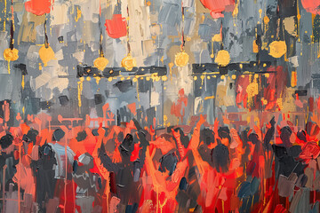 A painting of a crowd of people at a concert