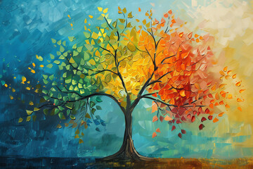 A painting of a tree with leaves in various colors, including orange, yellow