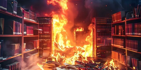Arsonist sets fire to library destroying books and causing widespread damage. Concept Arson, Library Fire, Book Destruction, Criminal Activity, Emergency Response