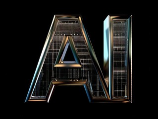 AI, artificial intelligence logo, 3d logo chrome texture, black background
