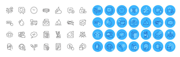 Approved, Search car and Credit card line icons pack. Team work, Time, Buy currency web icon. Hydroelectricity, Mail correspondence, Chemistry pipette pictogram. Cloud communication. Vector