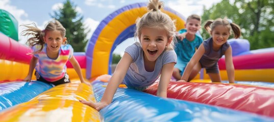 Very happy children are jumping on an inflatable bounce house during summer and pleasant weather.
