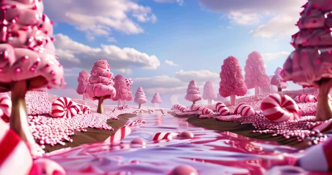 Fantasy confectionery realm, 3D depiction of a candy land with chocolate rivers and candy cane trees, offering a quirky and imaginative escape. 3d backgrounds