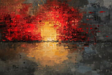 A painting of a sunset with a red and yellow sun