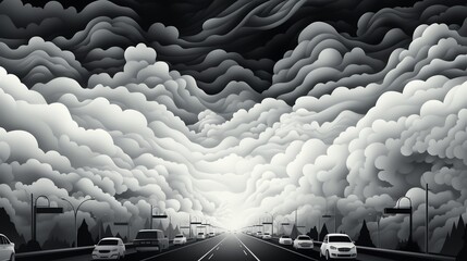 Obraz premium A long and winding road stretches into the distance, framed by towering clouds that seem to reach out and touch the sky