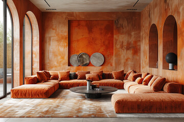 Earthy Elegance: Chic Lounge with Burnt Orange Sofas and Modern Artistic Accents