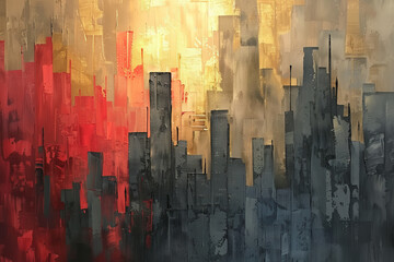 A painting of a cityscape with a red and gold background