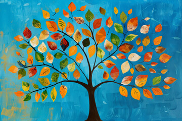 A painting of a tree with leaves in various colors