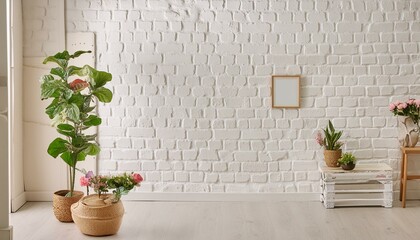 Photorealistic an interior with a white brick wall, useful for photo manipulations or Zoom 