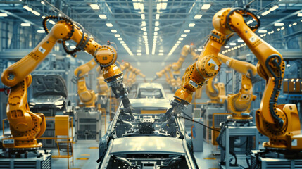 A factory with robots working on a car
