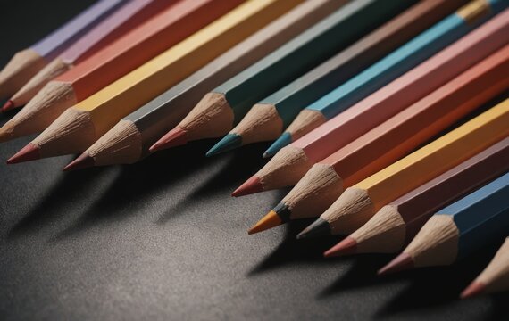 Colorful writing implements lined up on table, including pencils and crayons
