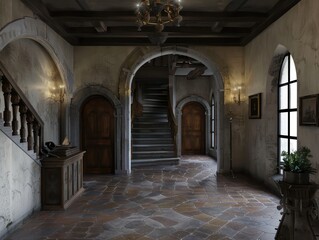 entrance hall inside a medieval castle