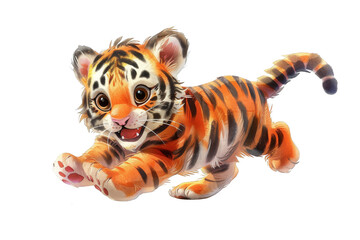 Fototapeta na wymiar Cute cartoon tiger cub running, PNG Transparent background 