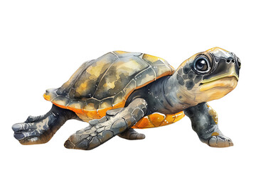 A baby turtle with a yellow head and black shell is crawling on the ground., PNG Transparent background 