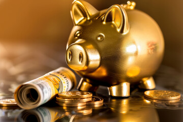 A gold piggy bank sits on a table with a roll of bills and coins