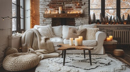 Fototapeta premium A Cozy Living Room With Fireplace and Furniture