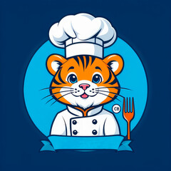 Clipart avatar of a tiger a chefs hat a white coat and cook, cartoon chef logo on a blue background.