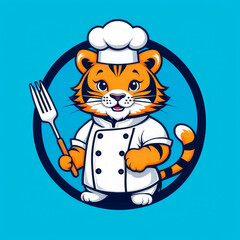 Clipart avatar of a tiger a chefs hat a white coat and cook, cartoon chef logo on a blue background.