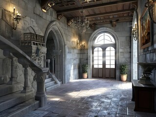 Fototapeta premium entrance hall inside a medieval castle