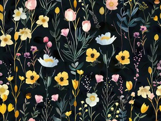 flowers pattern, flat design, white background, bright colors, watercolor style, green yellow and orange poppies, daisies, leaves, grasses, flowers in the foreground