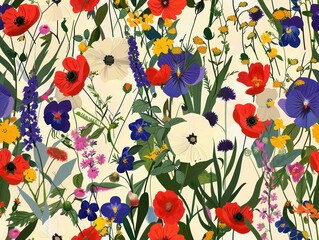 flowers pattern, flat design, white background, bright colors, watercolor style, green yellow and orange poppies, daisies, leaves, grasses, flowers in the foreground