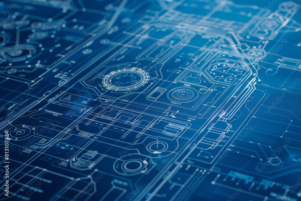 Poster a blue drawing of a circuit board with many lines and shapes