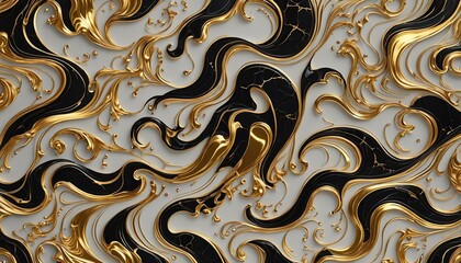 a luxurious pattern with elegant, curvy swirl waves against a background of liquid black marble adorned with gold texture