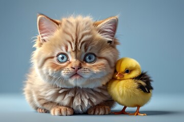 Fototapeta premium cute kitten and yellow chick, isolated on blue background