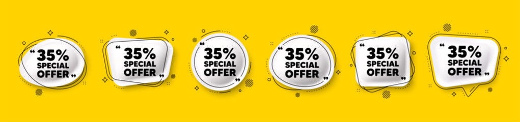 Obraz premium 35 percent discount offer tag. Speech bubble 3d icons set. Sale price promo sign. Special offer symbol. Discount chat talk message. Speech bubble banners with comma. Text balloons. Vector