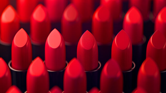 Fototapeta A close up of many red lipsticks. The lipstick is red and shiny. wallpaper of rows of standing matte lipstick bullets in red shades, smooth surfaces