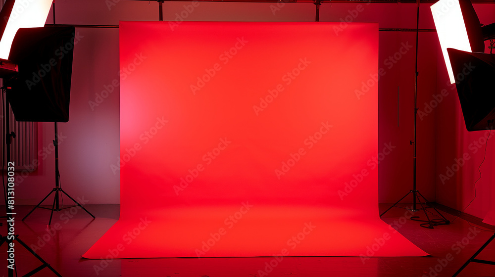 Poster a red background with a red wall and red lights. solid red empty photography studio canvas, some sof