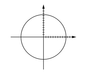 Blank cartesian coordinate system in two dimensions with circle. Math scale template. Vector illustration isolated on white background.