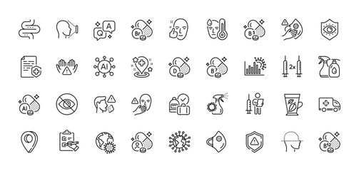 Pantothenic acid, Ambulance emergency and Coronavirus pandemic line icons pack. AI, Question and Answer, Map pin icons. Cobalamin vitamin, Face id, Fever web icon. Vector