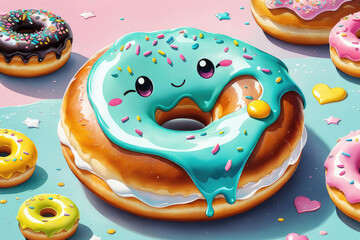 Cute glazed donut with kawaii faces, happy emotions in watercolor style.