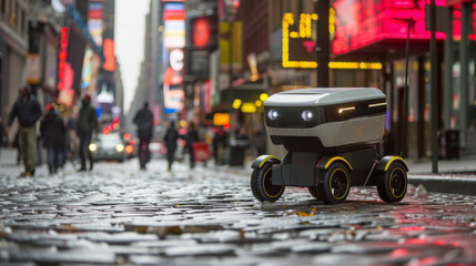A small toy car navigates the wet city streets, its wheels spattering water as it moves along, surrounded by towering buildings and flickering street lights.