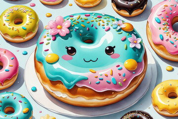 Breakfast time. Watercolor composition of cute glazed donut with kawaii faces.