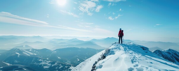 A back view of the hiker in the top of the moutain in the winter landscape. Viewpoint Above The Fog