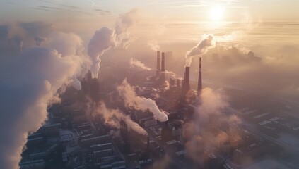 industrial city with large smokestacks, clouds of pollution on sunset
