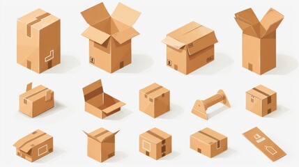 3d cardboard box, different angles, white background