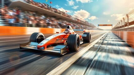 Formula 1 Race Car Speeds Down the Track Toward the Finish Line with Motion Blur and a Packed Grandstand Under a Bright Blue Sky