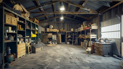 Empty film set props storage shed with items from various genres, neatly categorized but unanimated.