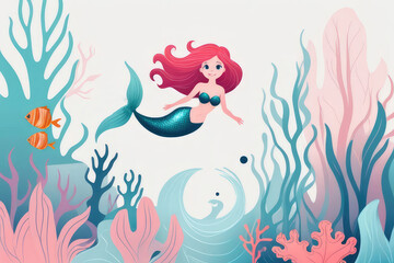 Сute mermaid under in the marine life, in watercolor style.