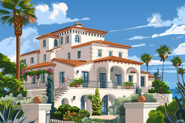 A digital illustration of a villa in Mediterranean style under a blue sky at summer time