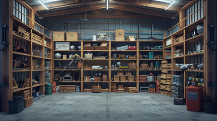 Obraz premium Empty film set props storage shed with items from various genres, neatly categorized but unanimated.
