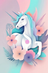 Enchanting fairytale unicorn with rainbow-colored mane in a soft pastel shades fairy-tale floral land.