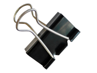 A black metal binder clip stationery for paper, office equipment, school or home supply, isolated cutout, transparent background, element